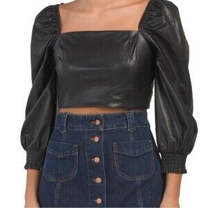 7 FOR ALL MANKIND Black Faux Leather Blouson Sleeve Crop Top